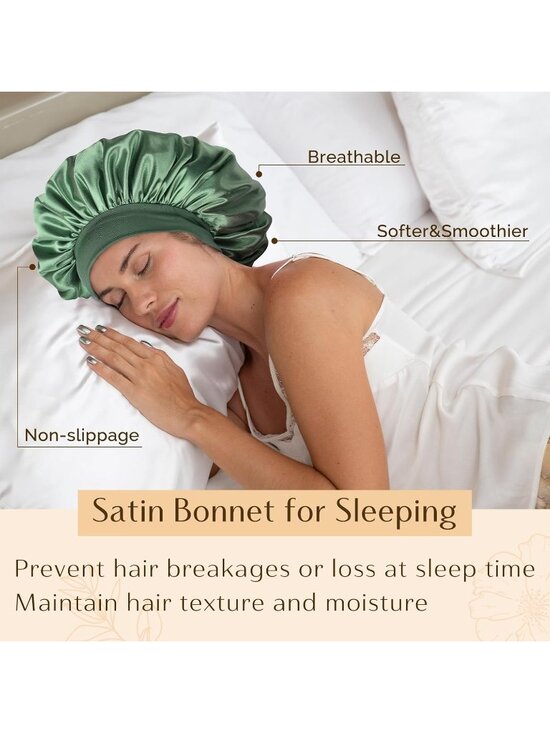〽️Women Green Silk Bonnet Sleeping Double Layer Satin Natural Curly Hair Cap main image 4